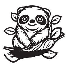 black and white illustration of a cute, cartoon sloth sitting on a leafy tree branch