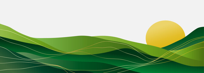 Mountain landscape background and line art pattern. creative minimalist modern art print. mountains, hills and the sun. use for print art, poster, cover, banner