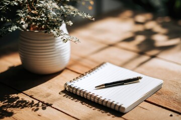 A spiral notebook and pen on a wooden table, beside a potted plant