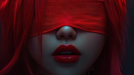Woman with red blindfold closeup