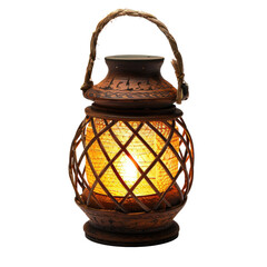 A warm, decorative lantern with a woven wicker cage