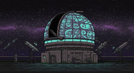 Pixel Art Observatory Under Starry Sky