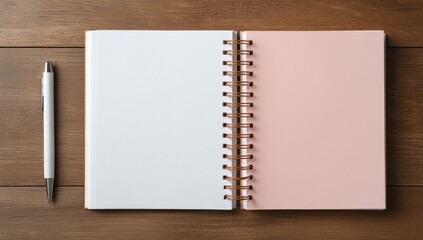 Open spiral-bound notebook with blank pages and a pen