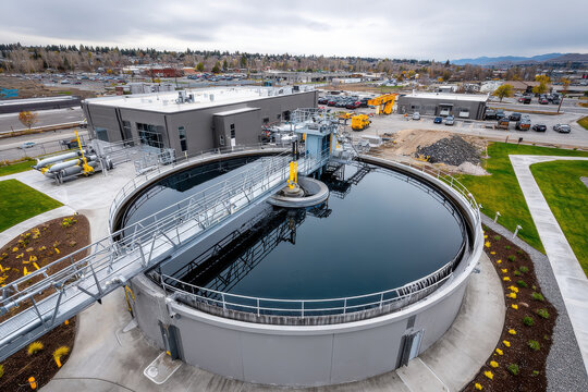 Aerial view of clarifier tank at industrial water treatment facility