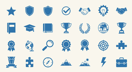 Collection of modern blue business and education icons representing success, teamwork, learning, and achievement