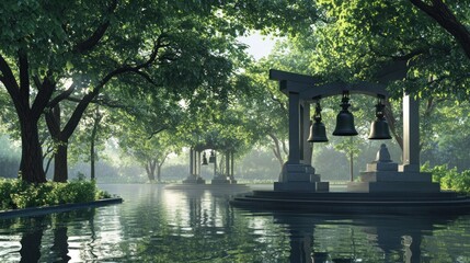 Serene Asian-inspired garden scene with water features, bells, and lush greenery