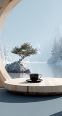 Cozy winter view from a wooden platform, featuring a cup of coffee and a bonsai tree on a rock by a frozen lake