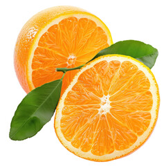 Two orange slices, vibrant and juicy, with leaves