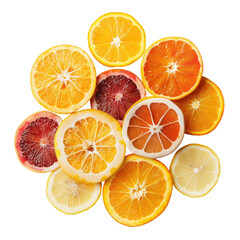 Citrus slices arranged in a cluster.  Colorful, vibrant cross-sections of various citrus fruits