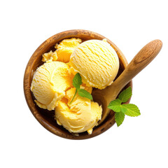 Two scoops of pale yellow ice cream in a wooden bowl, with a wooden spoon and fresh mint leaves