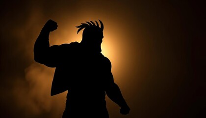 Naklejka premium Silhouette of a powerful figure against a dark backdrop, future, ambition