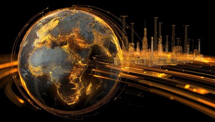 Global network, Earth, futuristic city.  Dynamic, digital world map with a stylized planet Earth, overlaid with glowing orange/gold lines representing connections.
