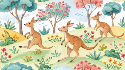 Obraz premium Watercolor cartoon kangaroo seamless pattern Colorful print in rustic vintage style, textile or wallpaper background seamless pattern print in rustic vintage style, textile