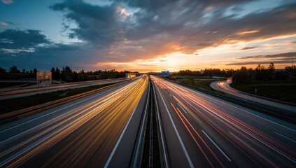 Fototapeta premium Highway at sunset, long exposure of car lights streaking across asphalt