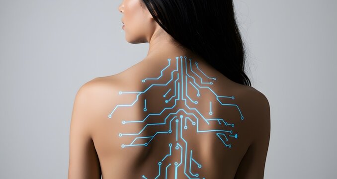 Woman with circuit pattern on back in artistic techno body concept