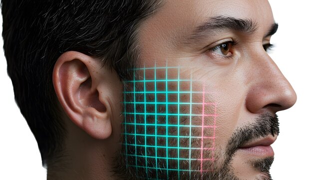 Man's face analyzed with digital grid for techno body concept  