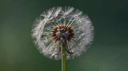 Close-up of a dandelion seed head against a dark green background.  Perfect for nature, botany, or spring themes.