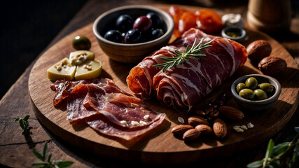 Artisan charcuterie board featuring cured meat, olives, nuts, and cheese. Perfect for appetizer or snack imagery.