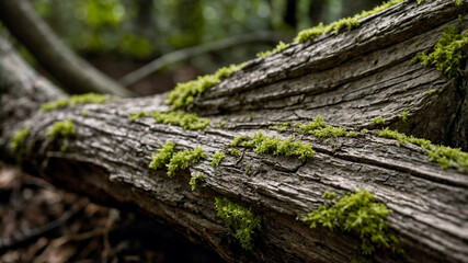 Close-up of a mossy log in a forest setting.  Nature, texture, detail.