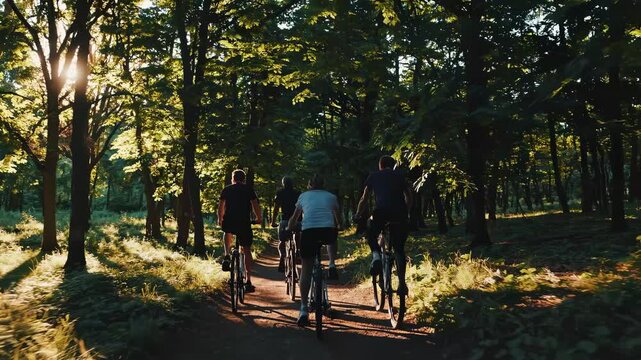 A serene video captures a group cycling through a sunlit forest. The rear camera angle highlights the peaceful, natural setting and camaraderie.