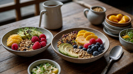 Delicious and healthy breakfast bowl with granola, avocado, mango, raspberries, and blueberries. Perfect for a nutritious start to the day.