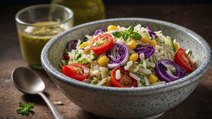 Fresh pasta salad with cherry tomatoes, red cabbage, corn, and a vibrant dressing.