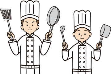 フライパンとお鍋を手に正面を向く男女のコック