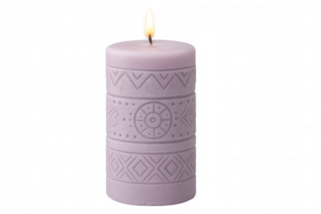 Purple candle burning with intricate embossed pattern, standing against transparent studio backdrop