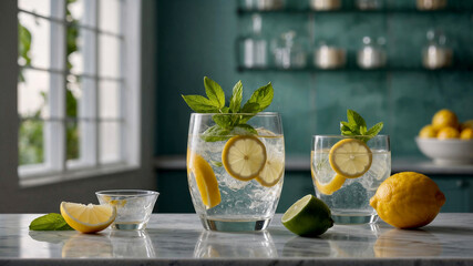 Two glasses of iced lemon and mint water on marble countertop.  Perfect for summer refreshment.