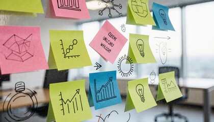 Vibrant sticky notes on a glass board illustrating innovative concepts for collaborative brainstorming and strategic planning.