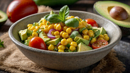 Healthy and vibrant chickpea salad with avocado, cherry tomatoes, and red onion. Perfect for a light meal.