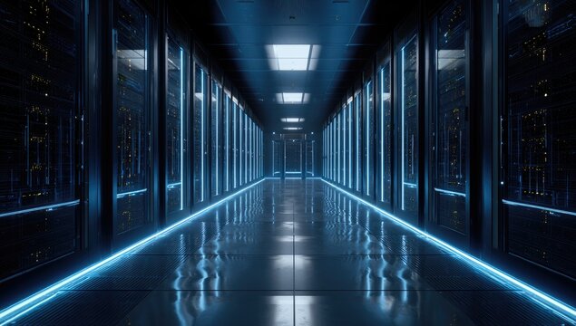 Dark server room, blue neon light, reflective floor
