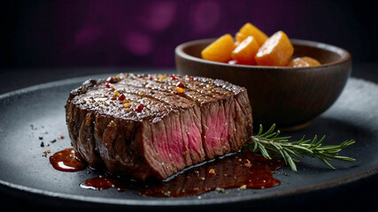 Close-up of a delicious seared filet mignon steak with roasted sweet potatoes and rosemary sprig. Gourmet food photography.