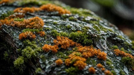 Close-up of vibrant orange and green lichen growing on tree bark.  Nature texture background.