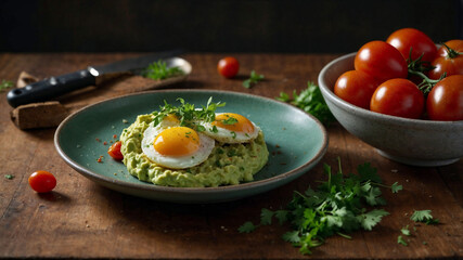 Delicious fried eggs served on creamy avocado mash, garnished with fresh parsley and cherry tomatoes.