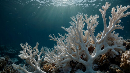Stunning underwater shot of bleached coral against a deep blue ocean backdrop. Sunbeams pierce the water.