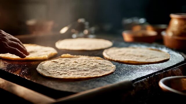 Close medium shot capturing the texture of fresh masa being shaped manually into tortillas on a hot griddle highlighting the artisan process with the surrounding kitchen softly out