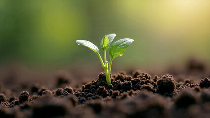 Close-up of a young plant seedling sprouting from rich soil, with sunlight and water droplets.
