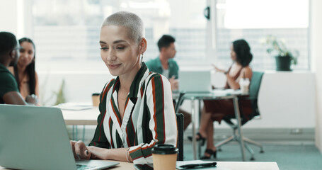 Creative, coworking and business woman on laptop for online project, research and seo insight. Professional, startup and happy person on computer for website info, feedback and planning in office