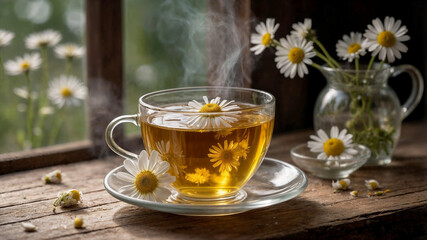 A cup of steaming chamomile tea with daisies on a rustic wooden surface. Relaxing herbal tea concept.