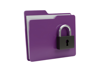 Isolated purple document folder with padlock, data and file security icon metaphor render