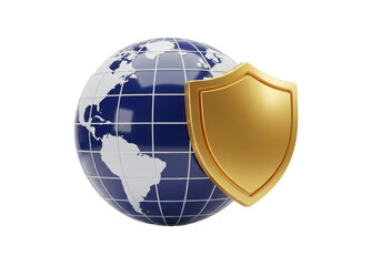 Isolated world globe security guard with shield protects internet connection network
