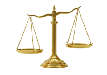 Isolated golden scales of justice, symbol of fair law and business balance, metaphor