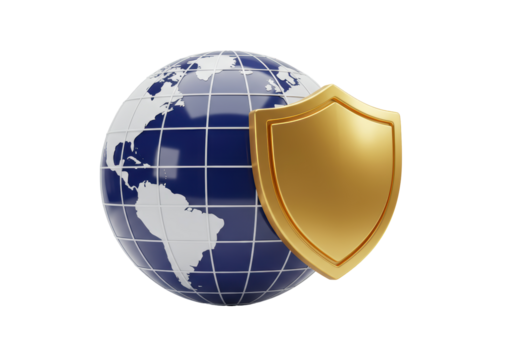 Isolated world globe security guard with shield protects internet connection network