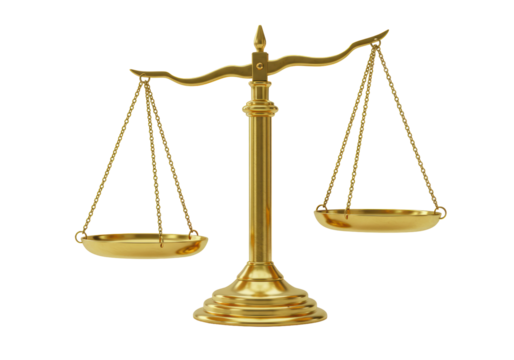 Isolated golden scales of justice, symbol of fair law and business balance, metaphor