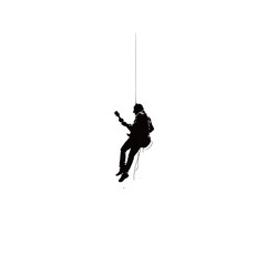 An energetic musician plays an electric guitar while hanging from a rope, silhouetted against a full moon at night. The dramatic pose adds excitement to the performance.