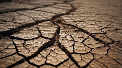 Close-up of parched, cracked earth.  Dry soil texture background. Drought concept.