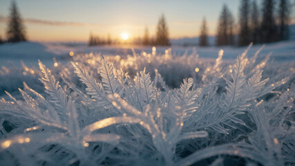Close-up of frost-covered plants glowing in the sunrise. Winter wonderland scene.