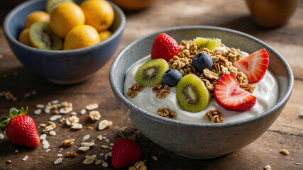 Delicious yogurt parfait topped with granola, strawberries, kiwi, and blueberries. Healthy breakfast.