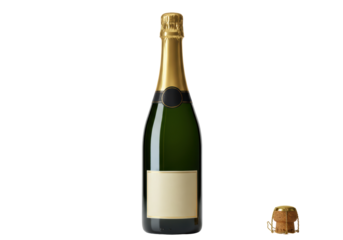 Isolated green champagne bottle with a gold foil top, black label and a popped cork near it